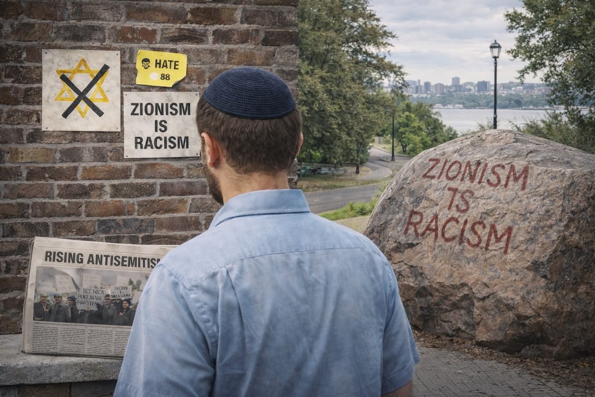 A man wearing a yarmulke looking at a rock with graffiti that says 