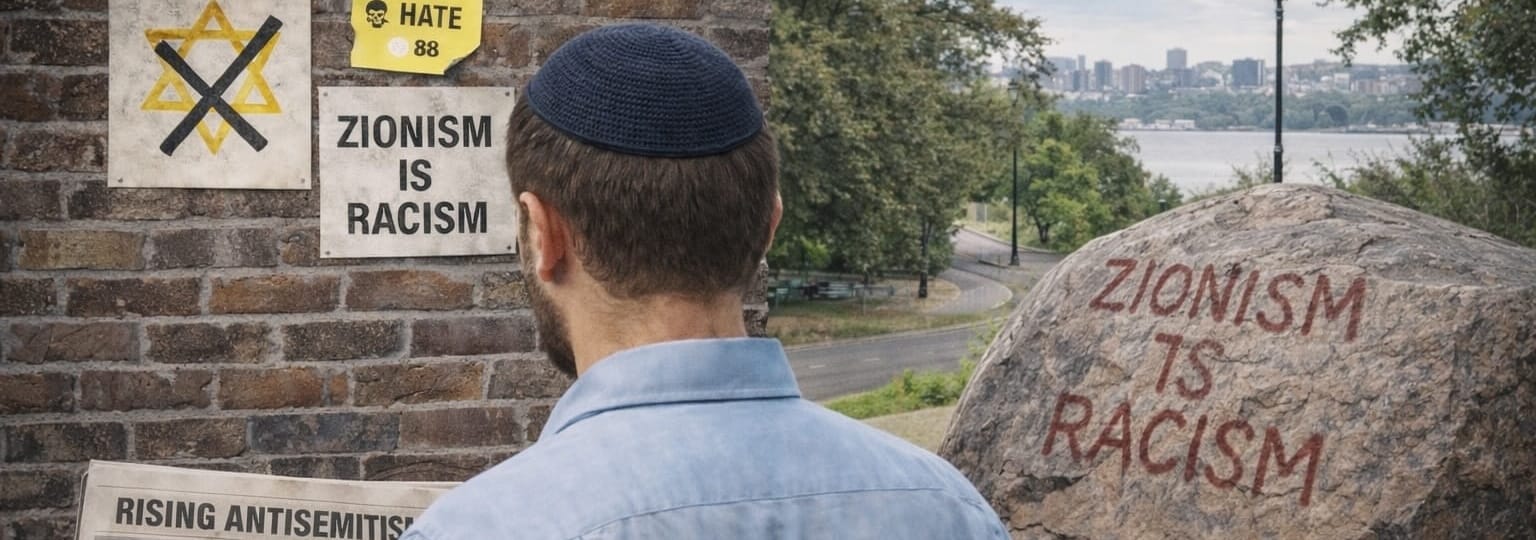 A man wearing a yarmulke looking at a rock with graffiti that says 